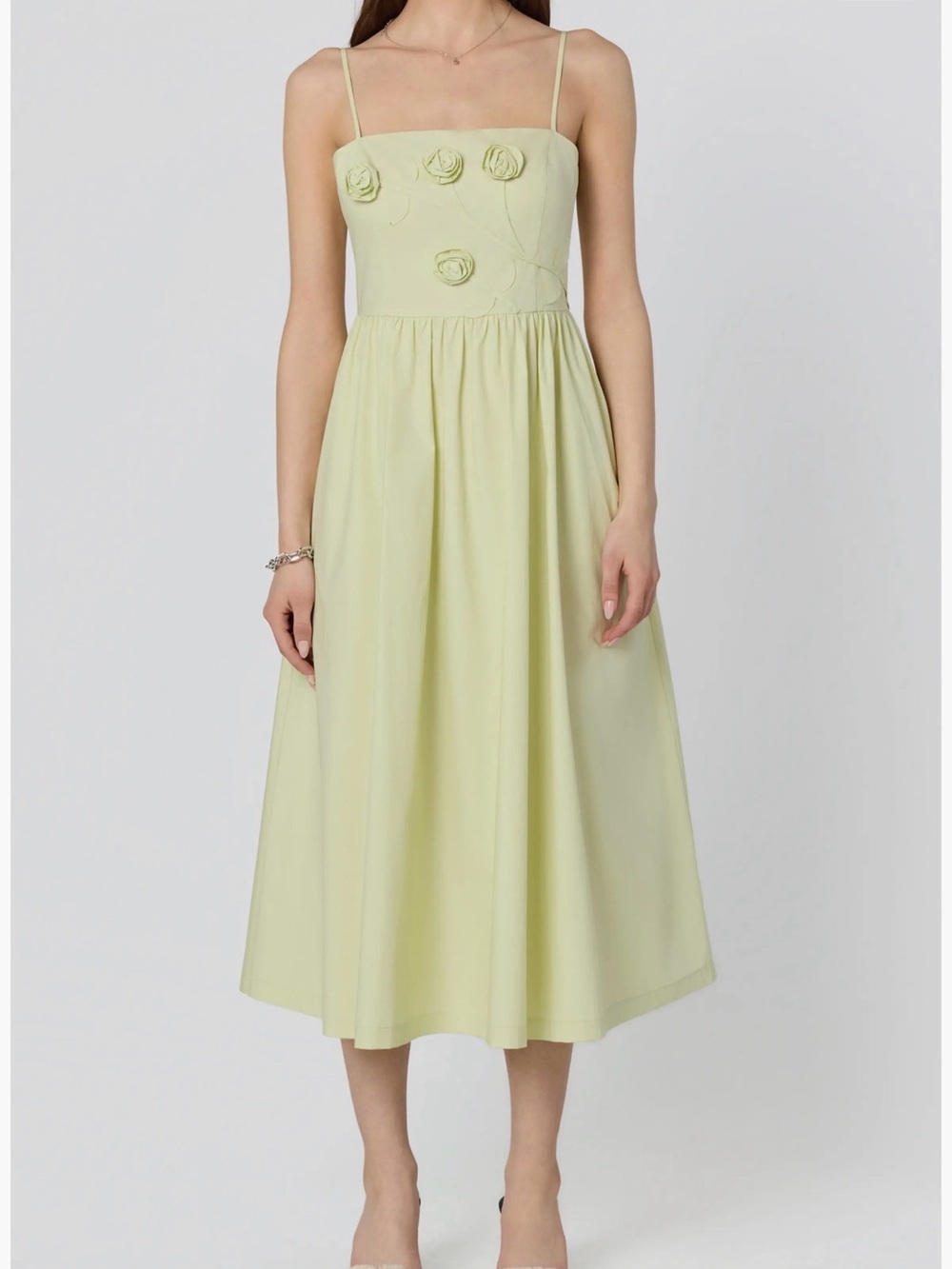Astr Light Green Spaghetti-Strap Midi Dress with Rosette Detail